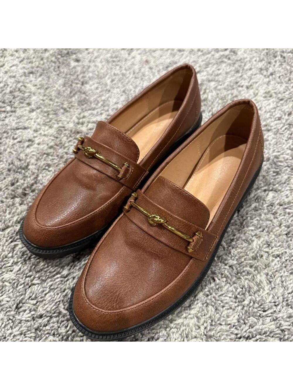 Brown Leather Loafers with Gold Accent
